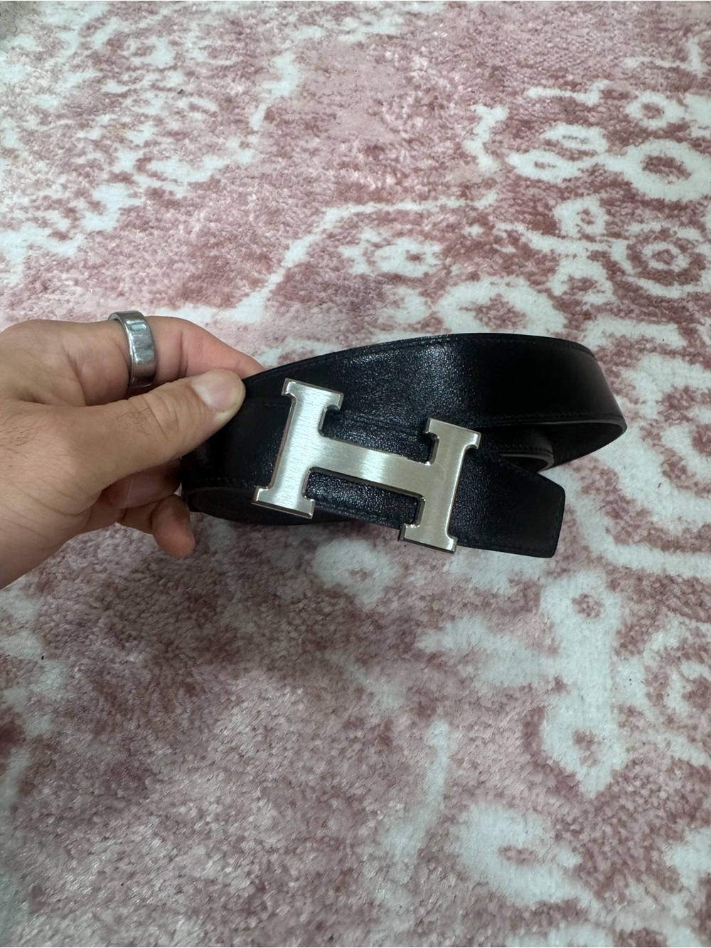 Hermes Black Leather Men's Belt with Silver 'H' Buckle. 85mm.